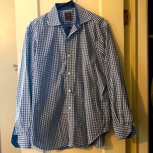 Mens blue plaid TailorByrd button down dress shirt, size L